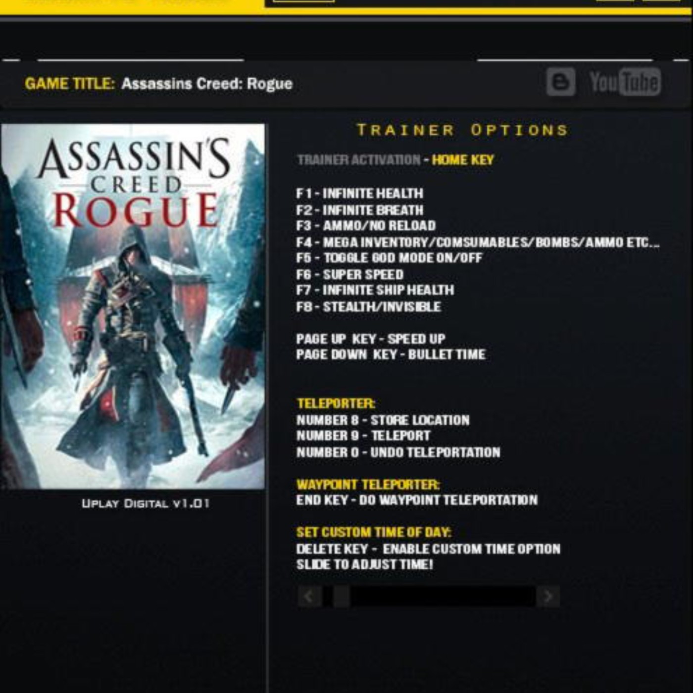 ASSASSINS CREED ROGUE Cheats: Add Resources, No Reload, Godmode