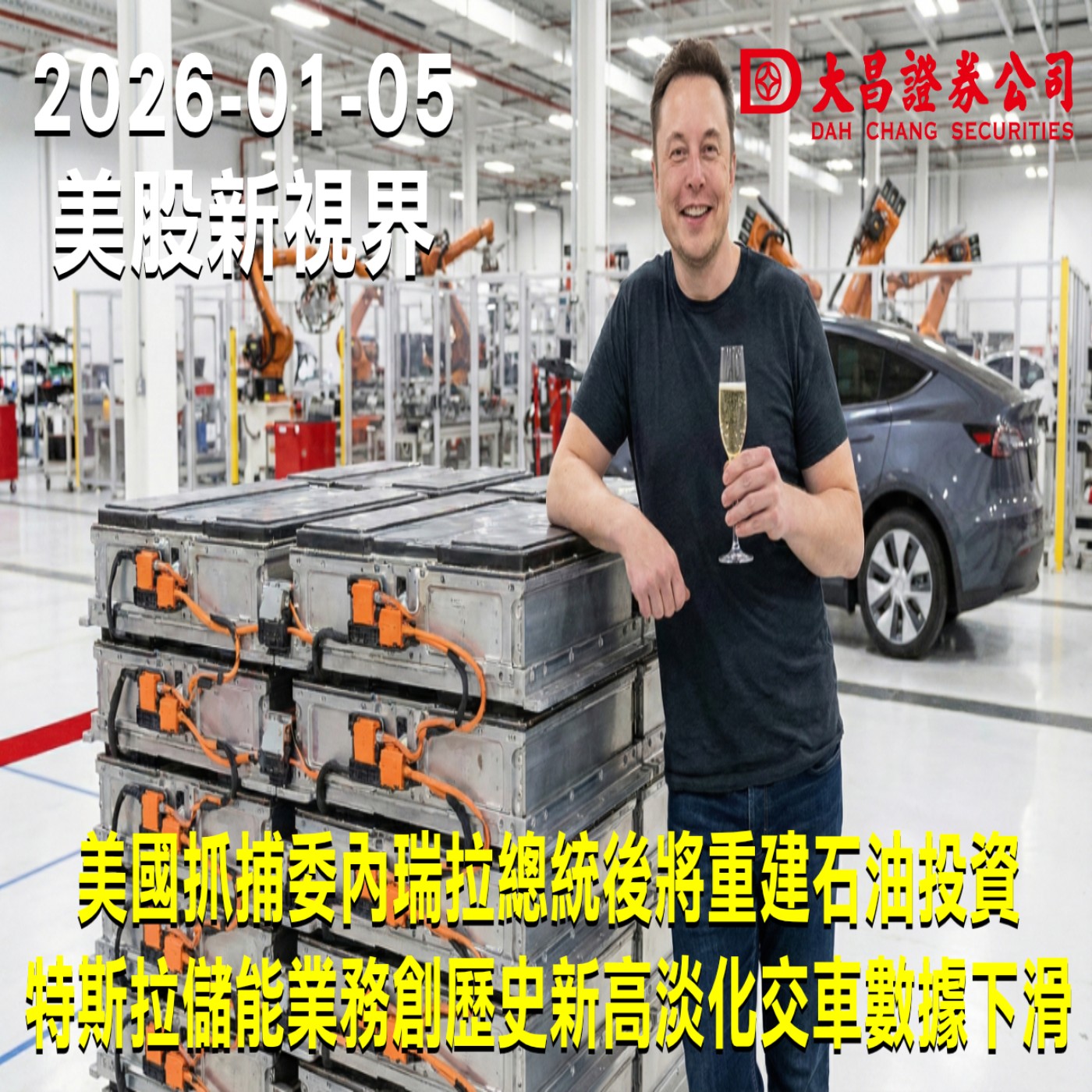 【大昌證券】2025年1月5日美股新視界：美國抓捕委內瑞拉總統後將重建石油投資  特斯拉儲能業務創歷史新高淡化交車數據下滑