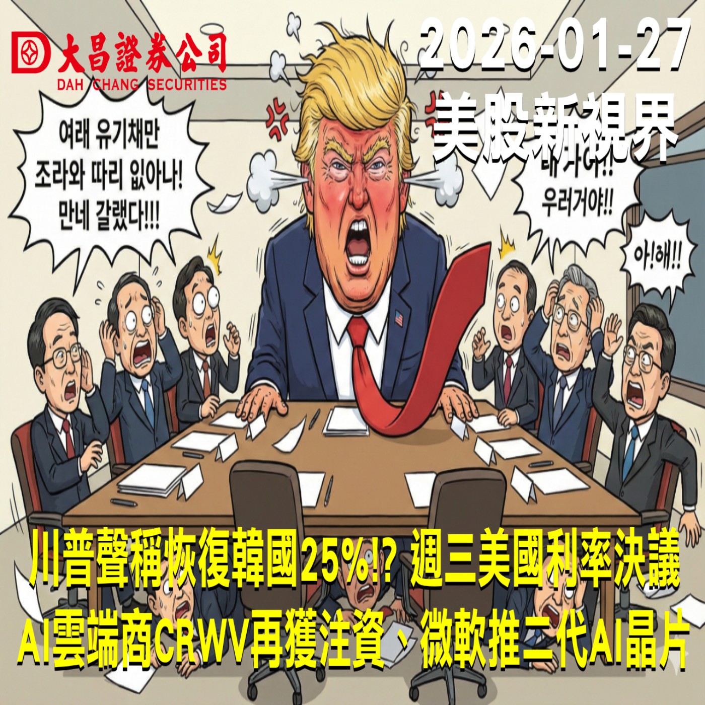 【大昌證券】2025年1月27日美股新視界：川普聲稱恢復韓國25%!? 週三美國利率決議  AI雲端商CRWV再獲注資、微軟推二代AI晶片