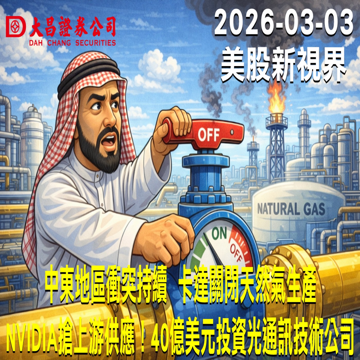 【大昌證券】2026年3月3日美股新視界：中東地區衝突持續  卡達關閉天然氣生產  NVIDIA搶上游供應！40億美元投資光通訊技術公司