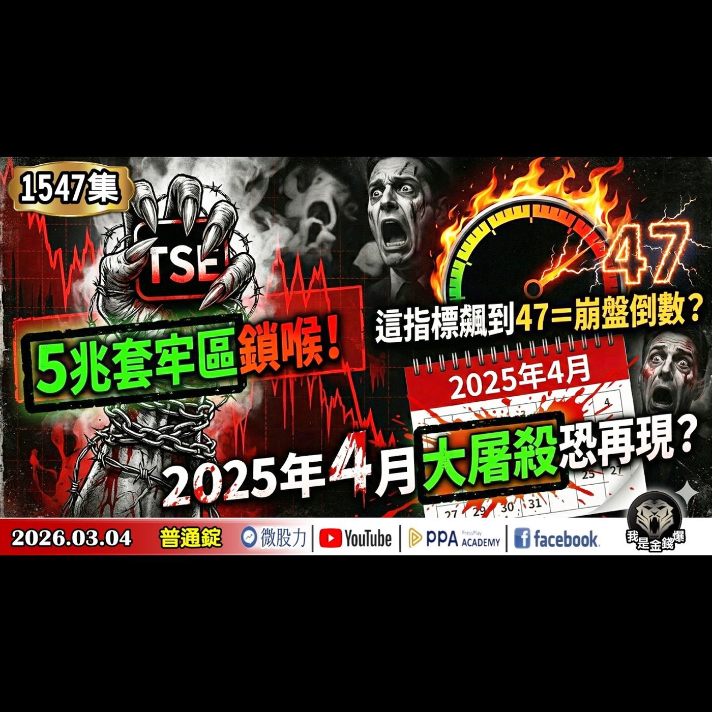 五兆套牢區鎖喉！這指標飆到47＝崩盤倒數？台股2025年4月大屠殺恐再現？《我是金錢爆》普通錠 2026.0304 #大K分析師(曾煥文)#廖祿民 #黃啟乙(GPT|AI|美伊|台股|) episode artwork