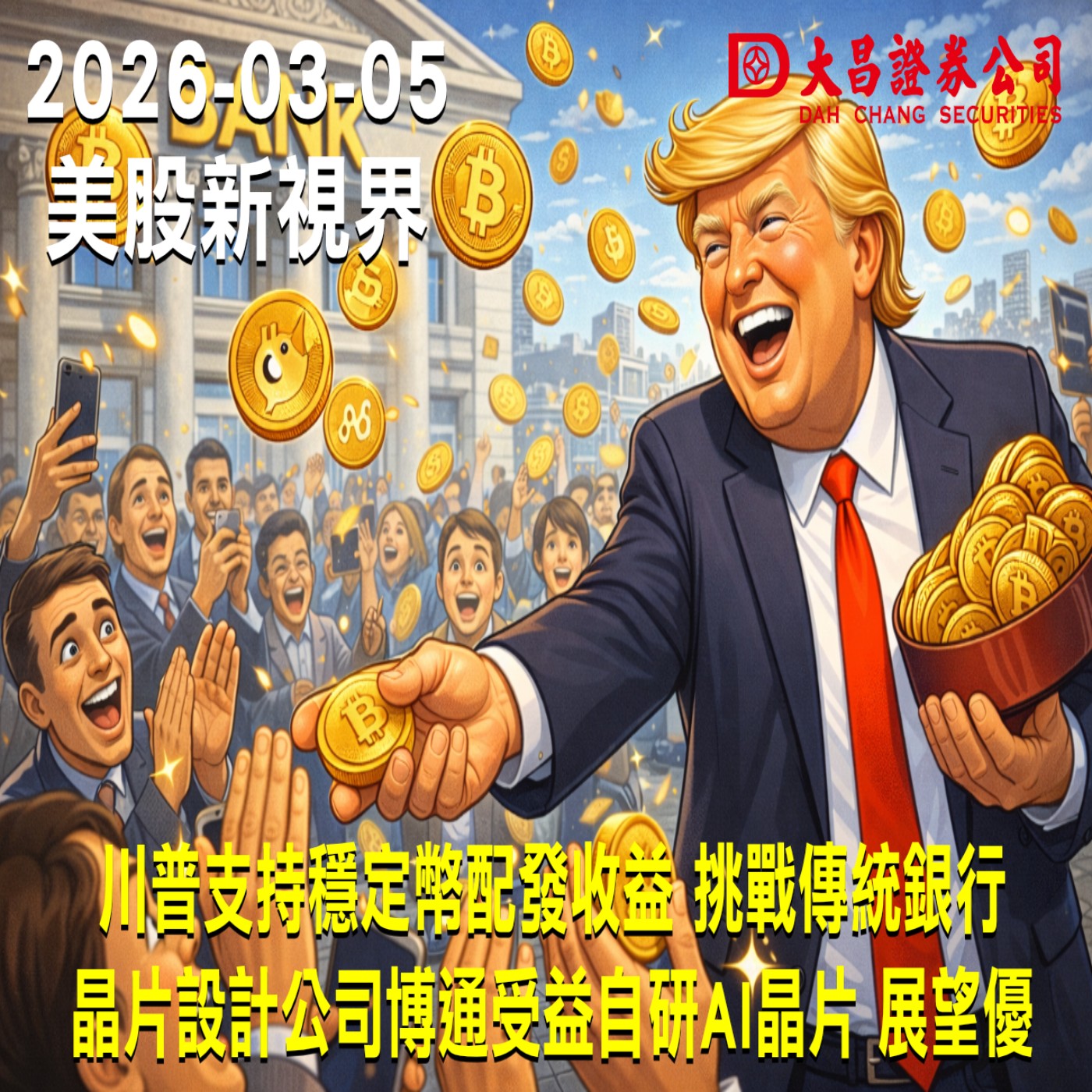 【大昌證券】2026年3月5日美股新視界：川普支持穩定幣配發收益 挑戰傳統銀行  晶片設計公司博通受益自研AI晶片 展望優