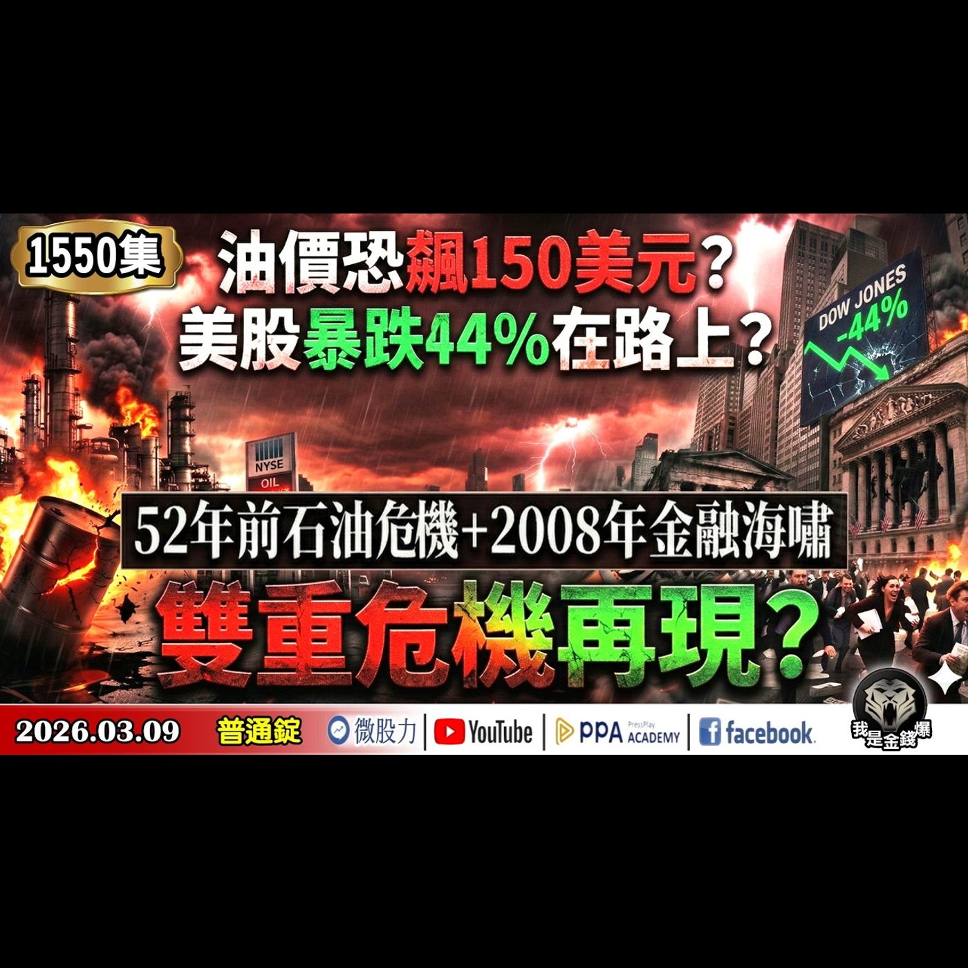 油價恐飆150美元？美股暴跌44%在路上？52年前石油危機+2008年金融海嘯雙重危機再現？《我是金錢爆》普通錠 2026.0309 #大K分析師(曾煥文) #財經V怪客(馮泉富) #計弘仁 episode artwork