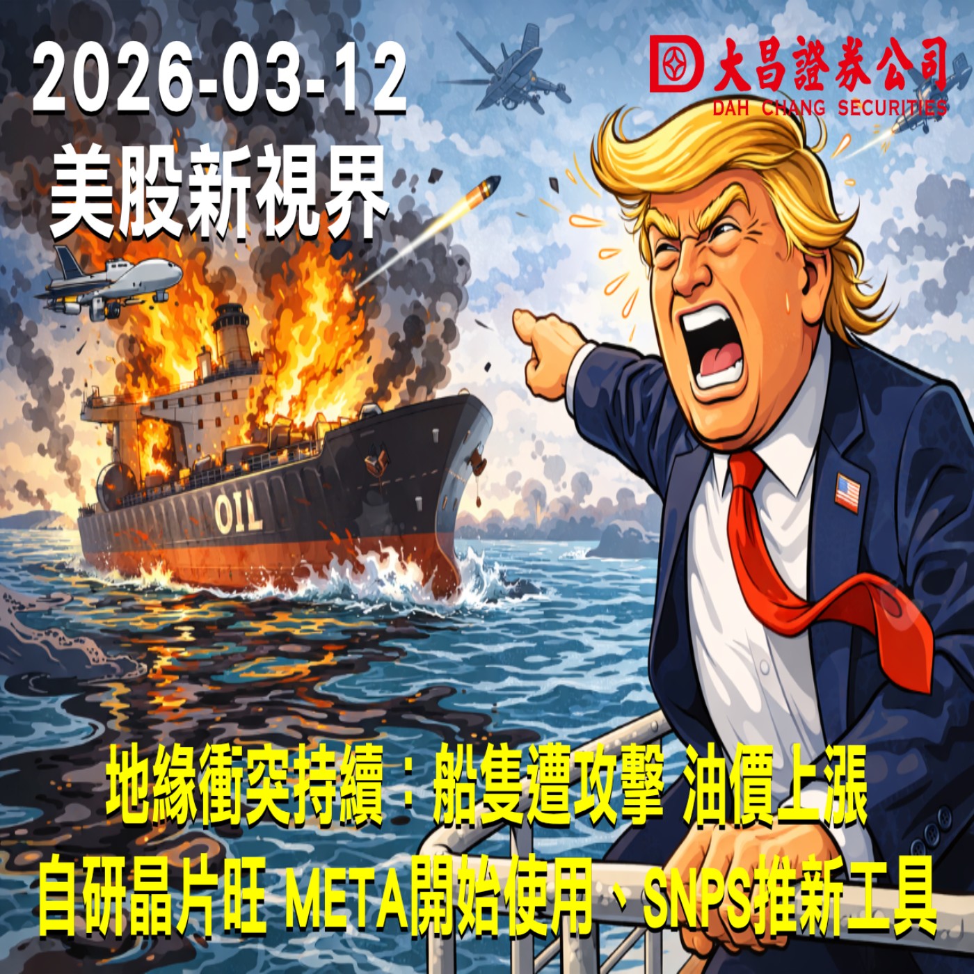 【大昌證券】2026年3月12日美股新視界：地緣衝突持續：船隻遭攻擊 油價上漲  自研晶片旺 META開始使用、SNPS推新工具