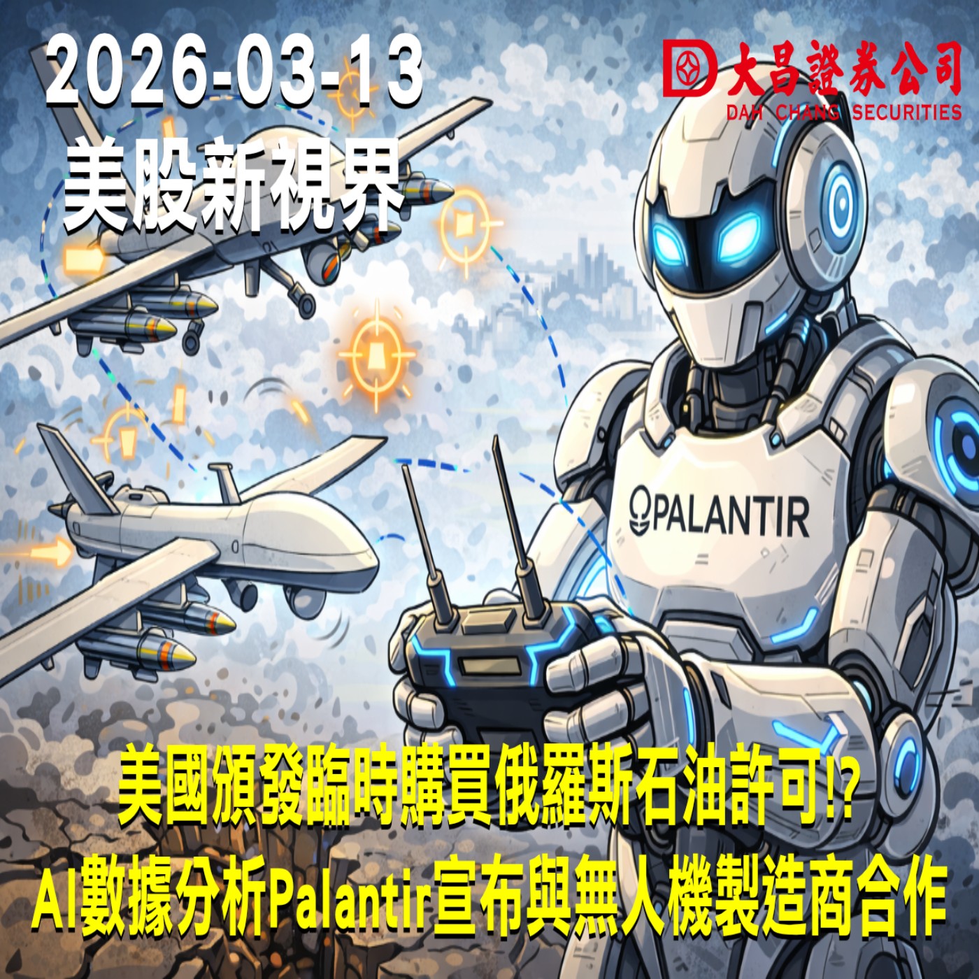 【大昌證券】2026年3月13日美股新視界：美國頒發臨時購買俄羅斯石油許可!?  AI數據分析Palantir宣布與無人機製造商合作