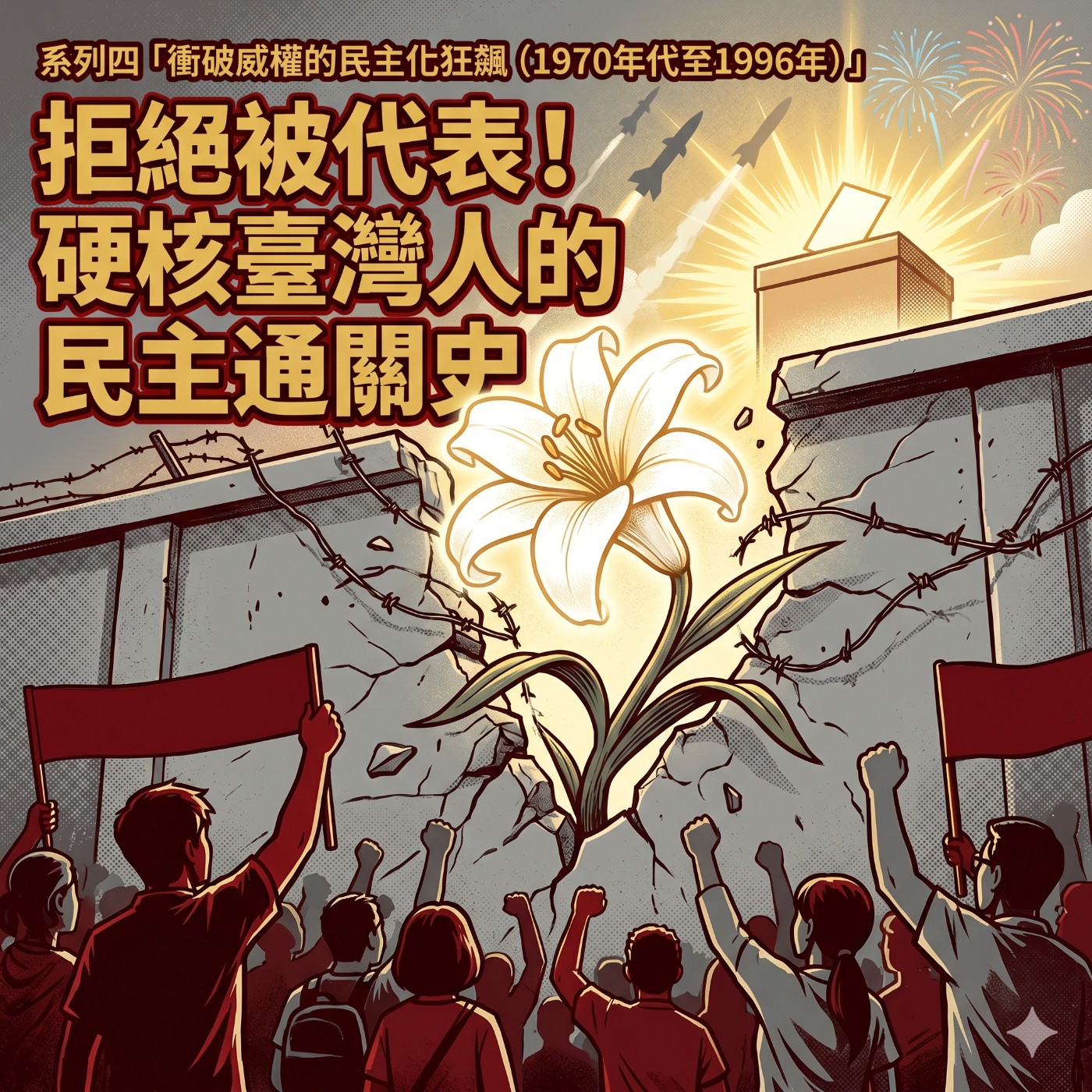 系列四「衝破威權的民主化狂飆（1970年代至1996年）」第 1 集：從雜誌到街頭 — 美麗島事件與法庭上的覺醒 episode artwork