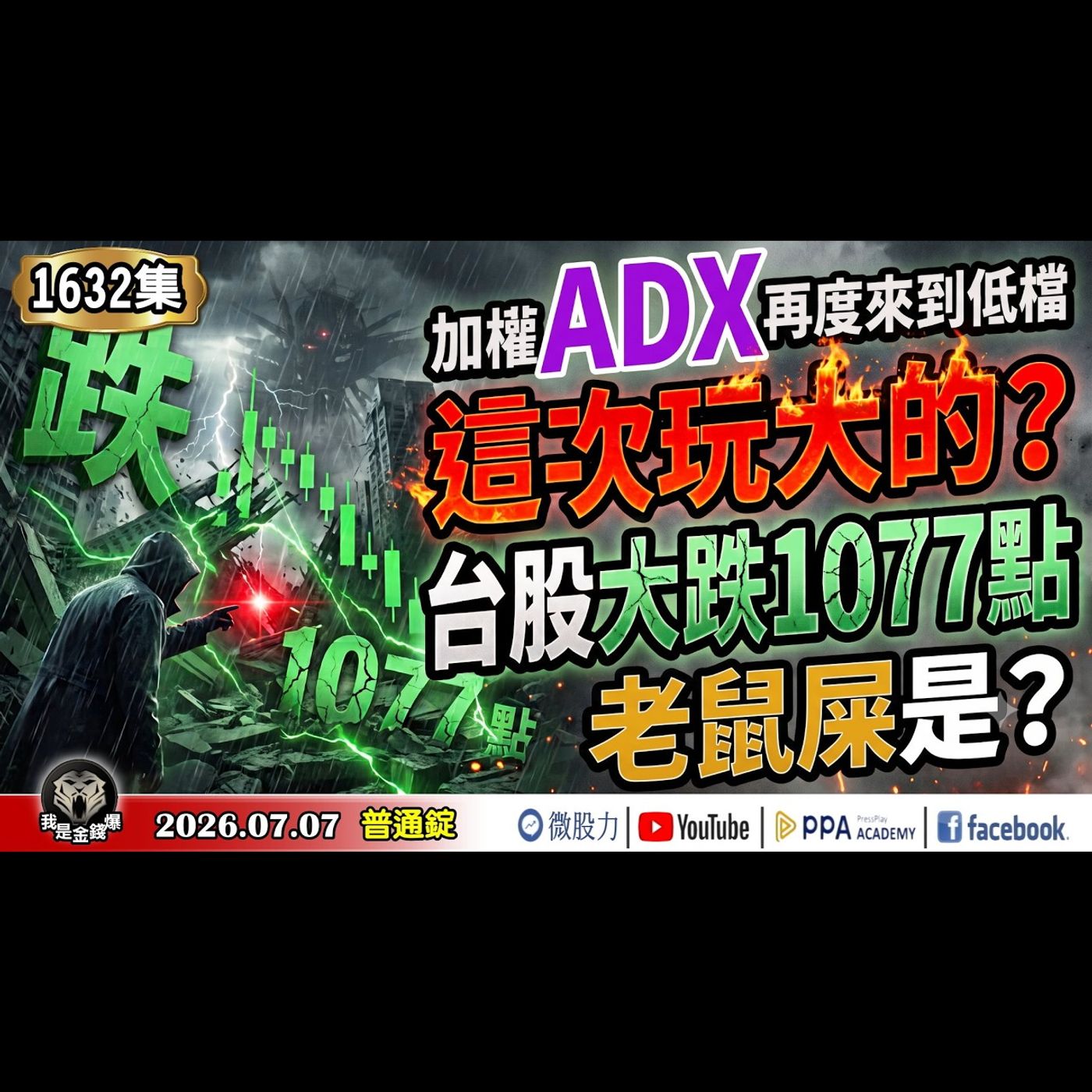 這次玩大的？加權ADX再度來到低檔！台股大跌1077點！老鼠屎是？《我是金錢爆》普通錠2026.0707 #大K分析師(曾煥文) #資深分析師 林信富 #籌碼專家 阿斯匹靈(美股|AI|通膨|期貨) episode artwork